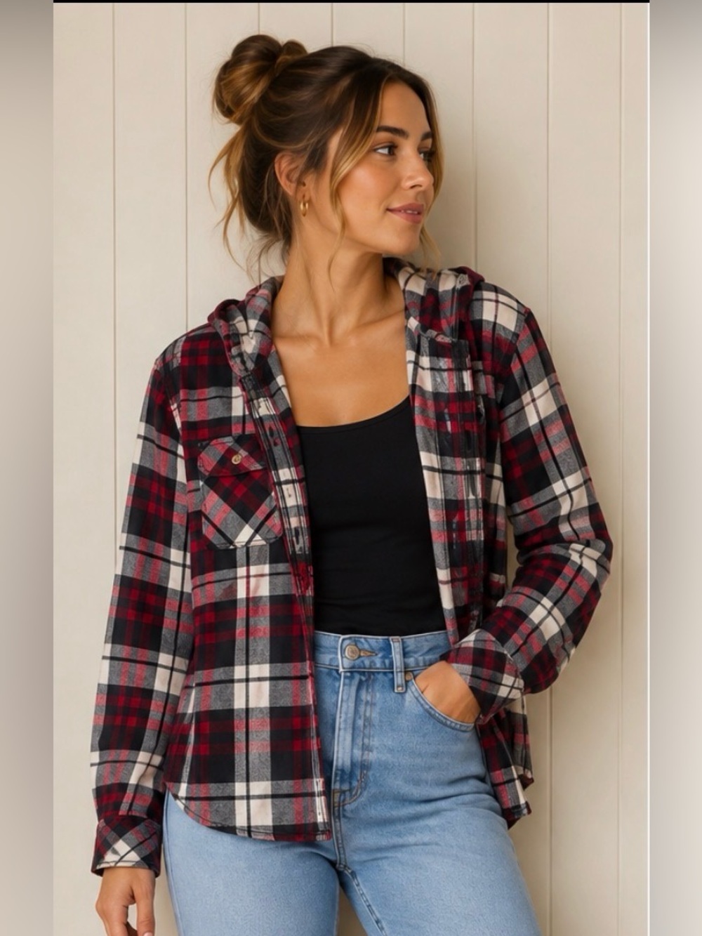 TNA Aritzia Marcelo Hooded Button-Down Flannel Shirt